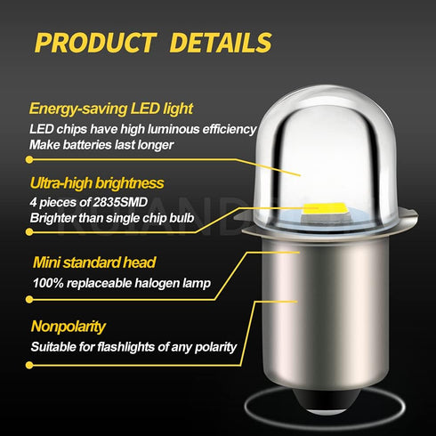 Ruiandsion Upgrade LED Flashlight Bulb 18V P13.5S Base Socket White LED Bulbs Replacement for Flashlight Torch Lights,Non-Polarity (Pack of 5) by Ruiandsion