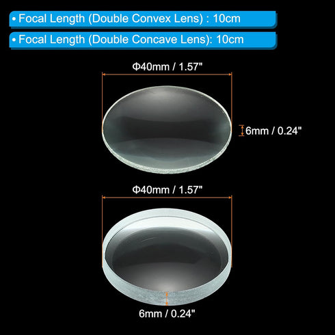 PATIKIL 10cm Focal Length 40mm Double Convex and 10cm Focal Length 40mm Double Concave Lens 1 Set, 2 Pack Glass Optically Polished Round Edges Lens for Physics Experiment Classroom, Clear