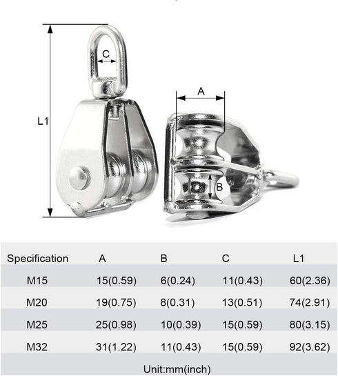 1PCS Lifting Double Pulley - Stainless Steel Heavy Duty Double Wheel Swivel Lifting Rope Pulley Block M32