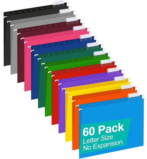HERKKA Hanging File Folders, 60 Pack Reinforced Letter Size Hanging Folders with Heavy Duty Expansion, 12 Assorted