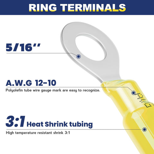 haisstronica 80PCS Heat Shrink Ring Terminals, Marine Grade Wire Connectors, Yellow AWG 12-10