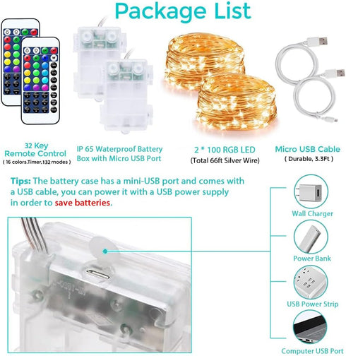 2 Pack 33FT 100 OMIKA LED Fairy Lights LEDs Battery Operated String Light, Waterproof Multi Color Changing Fairy Lights