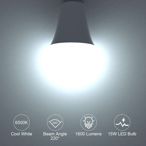 ORALUCE LED Light Bulbs, 100 Watt - 120 Watt Equivalent, 15W 1600 Lumens, 6500K Cool White, E26 Medium Base, 6 Pack