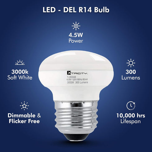 Xtricity R14 LED Light Bulb, 4.5W (40W Equivalent), Dimmable, 300 Lumens, 3000k Soft White, E26 Medium Base, 6 Pack