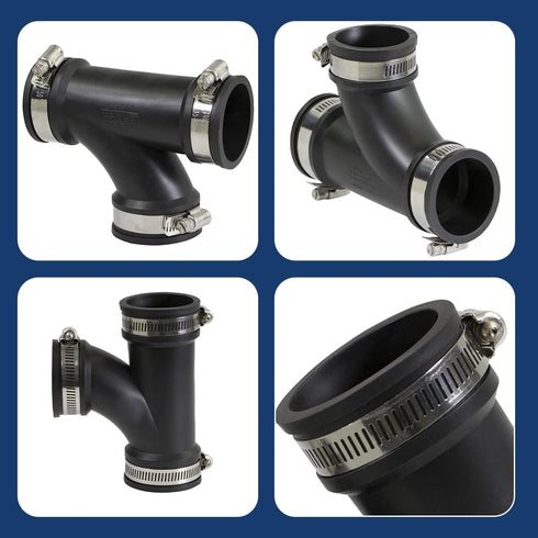 Supply Giant 6I78 Flexible Tee Coupling, Black, 1.9" Inner Diameter for 1-1/2" Nominal Pipe with Stainless Steel Clamps