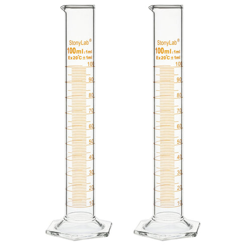 stonylab Graduated Cylinder, 2-Pack B Grade Borosilicate Glass Cylinder, 100 ml with Stable Hexagonal Base