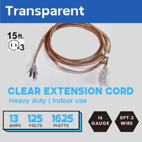Clear Extension Cord,15 Feet Indoor Extension Cord, Male to Female 3 outlets with Protective Cover, UL-Certified, 2 x 16 AWG 125VAC 13A, Perfect for Lights Connection and Multiple Purposes.