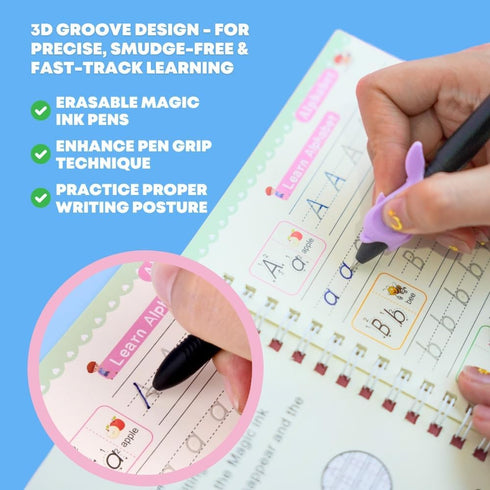 Groovd Set, 4 3-8) Children's Magic Copybooks - Reusable Grooved Writing Books for Kids - Handwriting Practice