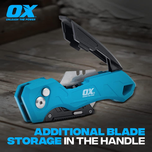 OX Tools Pro Heavy Duty Fixed Blade Folding Knife with Easy Change Blade Button - Quick Fold Action & Strong