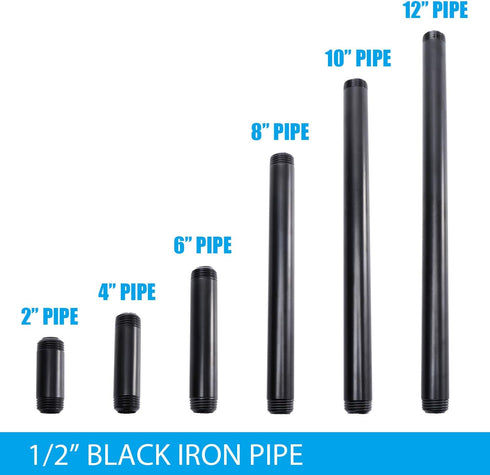 Home TZH 10 Pack Black Painted Iron Pipe, 1/2" x 2" Threaded Metal Pipe Nipple for DIY Project/Furniture/Shelving