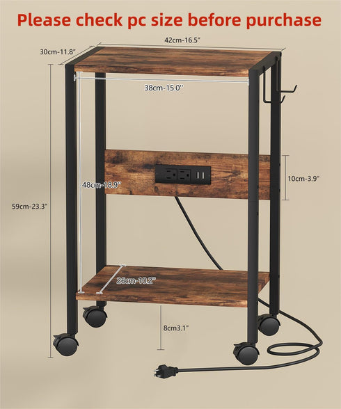 Akxomel 16.5" 2 W Computer Tower Stand with Charging Station and USB Port, Tier Mobile Floor PC Stand Fits Under Desk