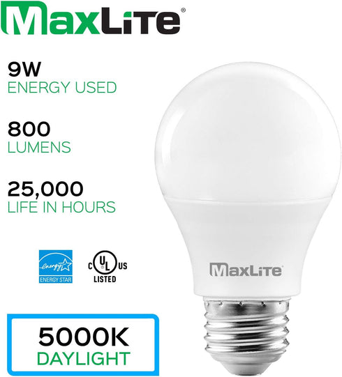 MaxLite A19 LED Bulb, Enclosed Fixture Rated, 60W Equivalent, 800 Lumens, Dimmable, E26 Medium Base, 5000K Daylight, 4-Pack by Maxlite