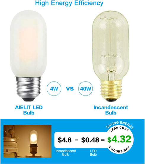 T45 Frosted LED Light Bulb, 40 Watt Equivalent, 2700K Warm White, 4W Tubular T14 E26 Dimmable Bulbs for Ceiling