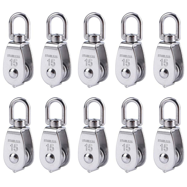 Rocaris 10 Pcs Stainless Steel Wire Rope Crane Pulley Block M15, Single Pulley Block with Swivel Hook for Lifting