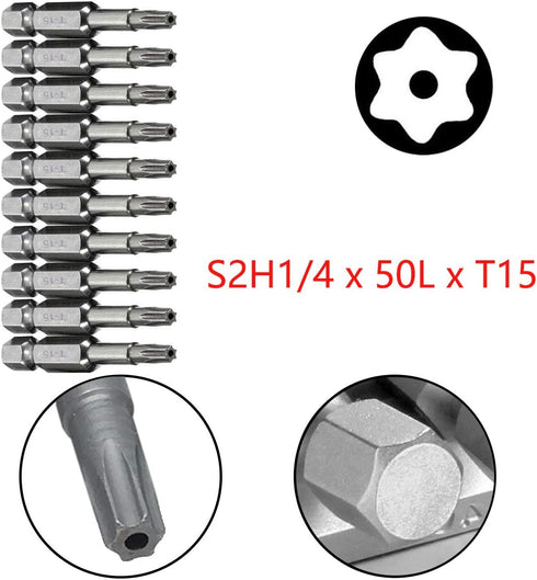 10pcs 50mm 1/4 Inch T15 Set 6 COMOK Long Hex Shank Torx Head Magnetic Screw Driver Bit Security Tamper Proof Star Point