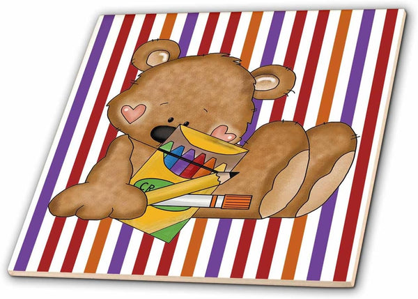 3dRose Cute School Bear with Crayons Pencil and Glue Stick On Striped