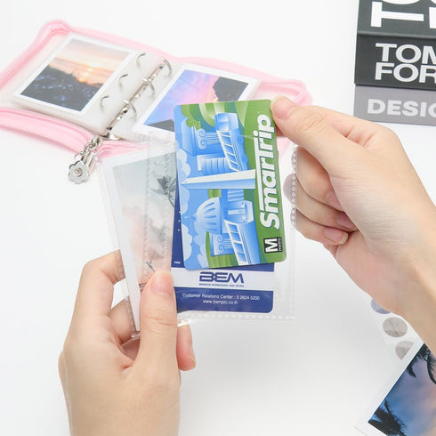 Mini Kpop Binder, Business Card Holder, Photocard Collector, 3-Ring Pink Zipper Clear PVC Cover