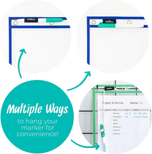 WallDeca Dry Erase Pocket Sleeves, 8.5" x 11", Reusable Plastic Paper Holder Pack, 5 Colors (25-Pack)
