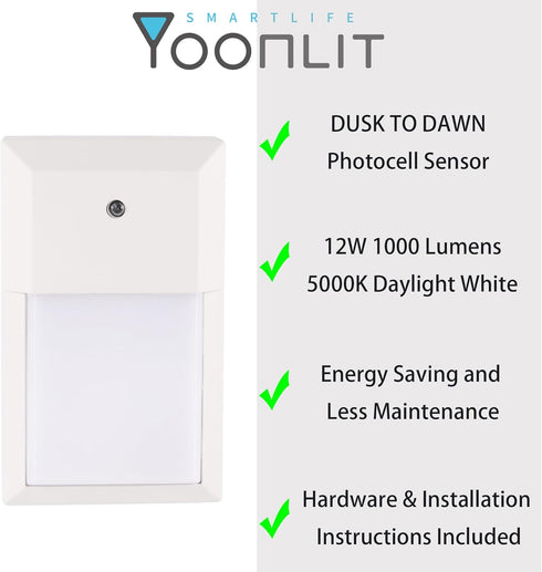 Pack 12W 1000 5000K, 1-Pack YoonLIT LED Outdoor Wall Light Dusk to Dawn Photocell, Waterproof for Porch, Garage