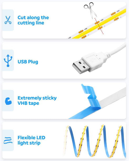 5V 6000K 3.28FT 320Leds 1M Aclorol USB Led Light Strip COB Led Strip Lights Daylight Cold White Flexible TV Led Lights