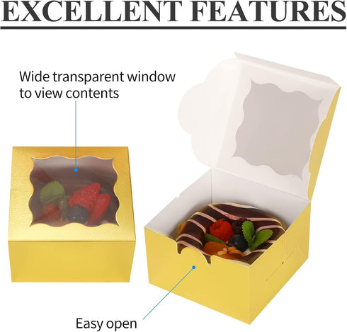 KPOSIYA 10 Pcs Gold Bakery Boxes with Window, Individual Cupcake Boxes 4x4x2.5 Inches for Cookies, Pastries, Macaroon