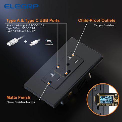 ELEGRP USB Charger Wall Outlet, USB Receptacle with Type A & Type C Ports, 20 Amp Duplex Tamper Resistant, Wall Plate