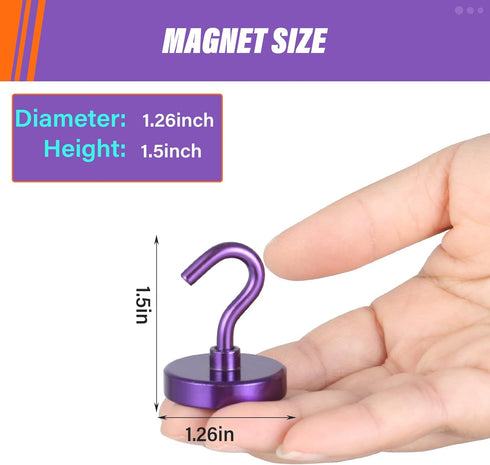 Neosmuk 6 Pack Heavy Duty Magnetic Hooks, Strong Neodymium Industrial Hooks for Fridge, Toolbox, Grill (Purple)