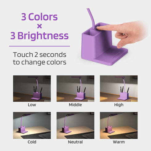 AXX Cute Purple Desk Lamp, Rechargeable Study Table Light for Home Office, Small, Battery Operated, LED, Flexible