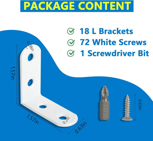 Oufiin 18Pcs 72 1.57x1.57 Inch White L Bracket & Pcs Screws, Corner Brace, Small Right Angle Bracket, Shelf Bracket