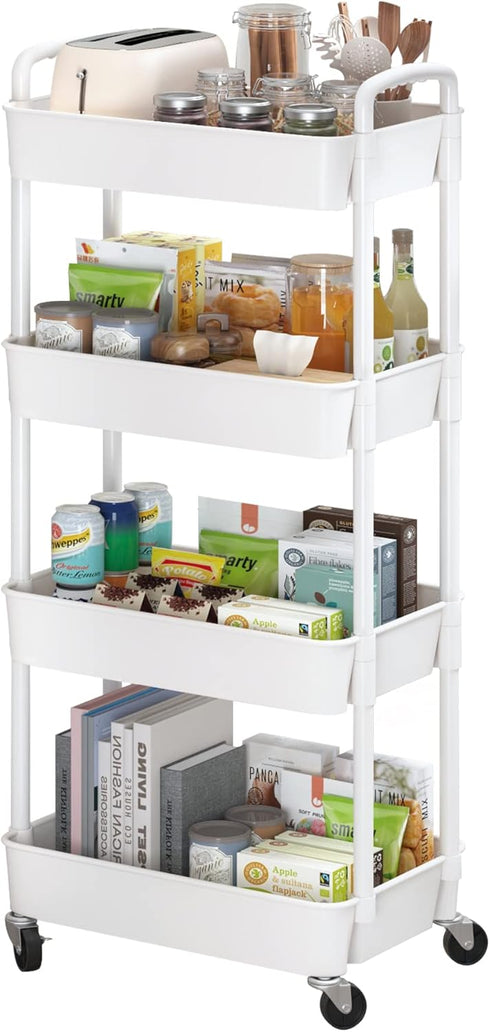 Sywhitta 4-Tier Plastic Rolling Utility Cart - Multi-Functional Storage Trolley with Handle for Office, Living Room,