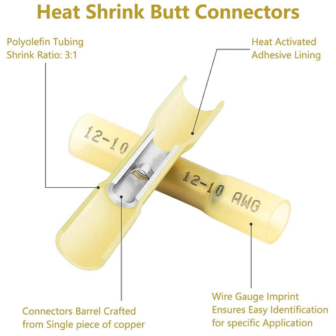 150 Pcs Waterproof Insulated Heat Shrink Butt Connectors, AWG12-10 for Automotive Marine