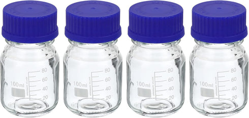 PATIKIL 100mL Reagent Media Bottle, 4Pcs Round Graduated Glass Storage Bottle with Blue Screw Cap for Chemistry Lab