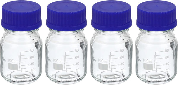PATIKIL 100mL Reagent Media Bottle, 4Pcs Round Graduated Glass Storage Bottle with Blue Screw Cap for Chemistry Lab