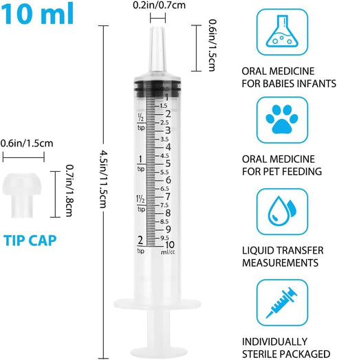 5 Pack 10mL Syringes, 10cc with tsp & mL Measurement and Press-In Cap for Liquid, Food, Oral, Pet, Scientific