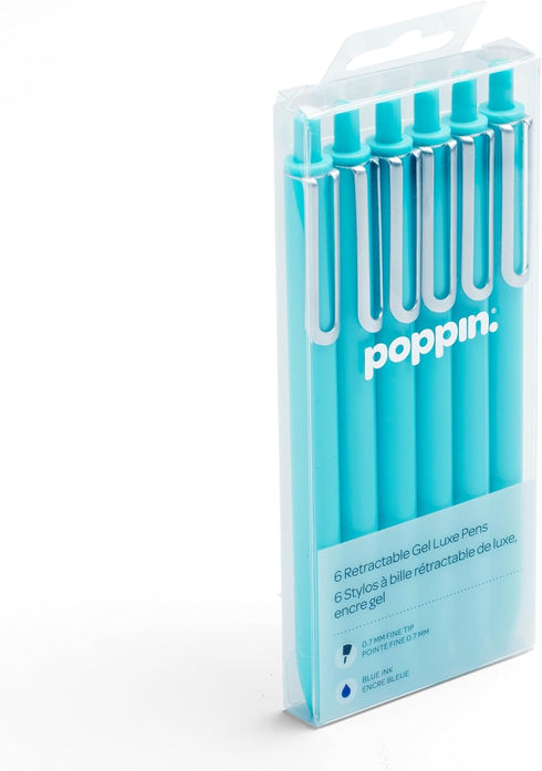 Poppin Retractable Gel Luxe Pens, Aqua, Package of 6, Blue Ink