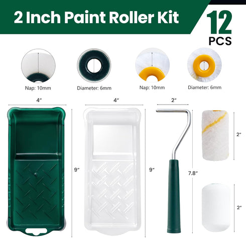 12 Pack, 2 Inch Paint Roller Kit, Paint Roller, Mini Paint Roller with Tray Liners, Small Paint Roller for All Paints