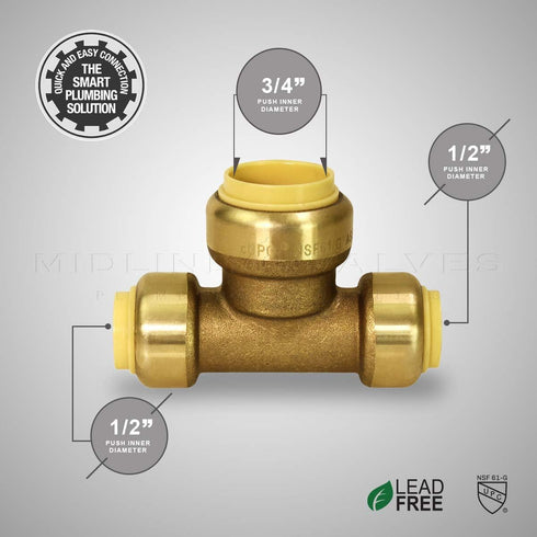 Supply Giant VQFU121234 Push Tees, 1/2 Inch x 1/2 Inch x 3/4 Inch Long Push-Fit Fittings, No Lead DZR Brass
