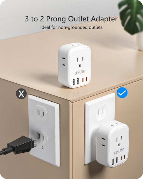 LENCENT 3 to 2 Prong Outlet Adapter, 2 Prong Outlet Extender, Wall Tap Plug Splitter with 4 AC Outlets 4 USB Charger Cube(2 USB C), Polarized Plug, Ideal for Non-Grounded Outlets in Old Houses