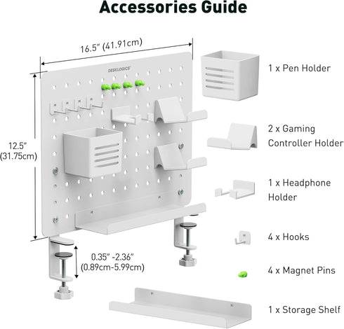 Clamp-on Desk Pegboard, Steel Desktop Organizer, Magnetic Metal Peg Board for Gaming & Office, No-Drill, White