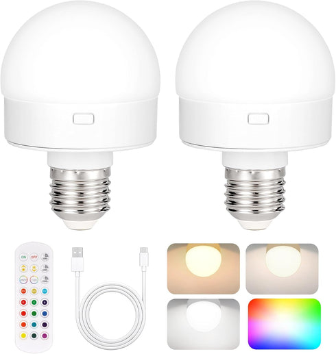 Rechargeable Battery Operated Light Bulb with Remote Control, 2 Packs, 350LM Dimmable LED Bulb, Wireless Puck Light