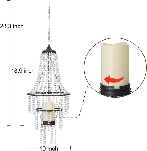 SUNNYPARK 28 Hanging Candle Lantern Outdoor, Battery Operated Modern Clear Acrylic Crystal Chandeliers with Flickering