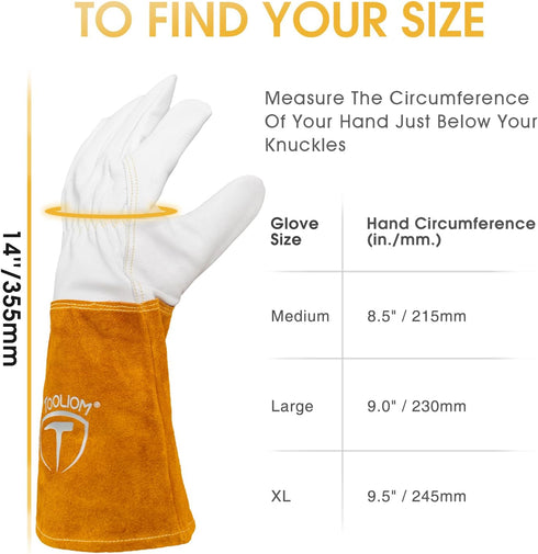 TOOLIOM Premium Goatskin Tig Welding Gloves, Cowhide Split Leather, High-Dexterity, 14-inch
