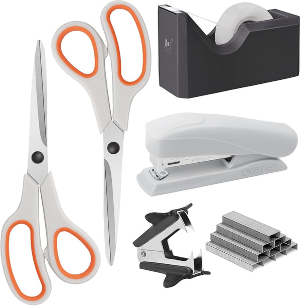 Office Supplies Kit, Desk Accessory Set with 2 Scissors, Stapler, 1000 Staples, Tape Dispenser, Perfect Office Partners