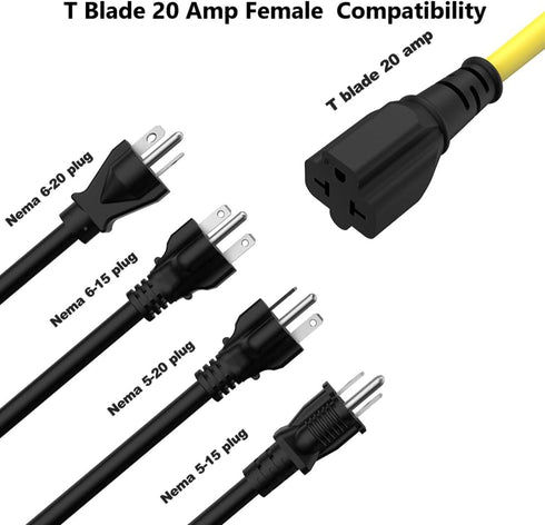1-FT 15 Amp AC Plug to 20 Amp T Blade Adapter Cable, 12AWG Nema 5-15P to 5-20R/6-15R, Heavy Duty Extension Cord