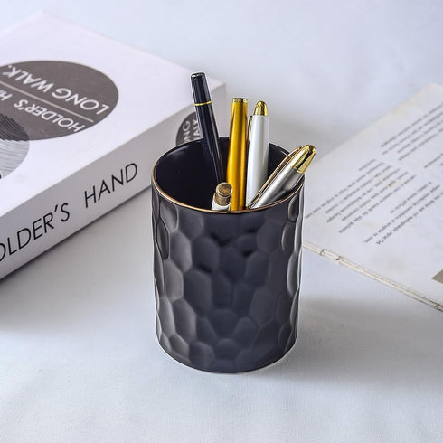 Ceramic Aesthetic Pen Holder for Desk, Cute Pencil Holder Cup Pot Organizer for Men Women, Makeup Brush Holder (Black)