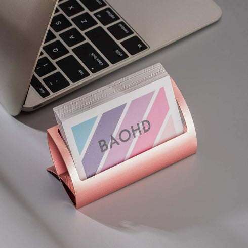 Metal Business Card Holder for Desk - Modern Aluminum Display Stand, Desktop Name Card Rack Organizer, Rose Gold