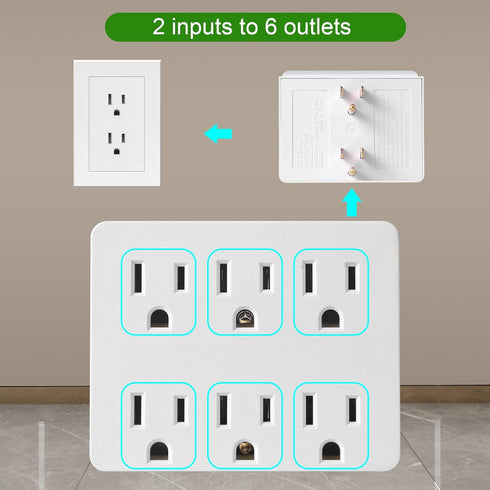 6 Outlet Wall Adapter, FiiMan UL Listed 3-Prong Grounded Outlet to The Side, Wall Plug Side Access Adapter, 6 Way Outlet Extender Tap, White (1 Pack)