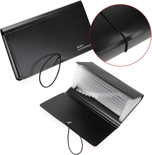 BTSKY Expanding File Folder - 13 Pockets Accordion File Organizer for Receipts, Coupons, and Cards - Black with Rope