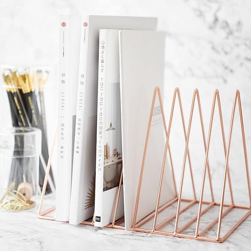 Sooyee 9 Slot Rose Gold Magazine Holder, Desktop File Sorter Organizer, Triangle Bookshelf Decor for Home Office