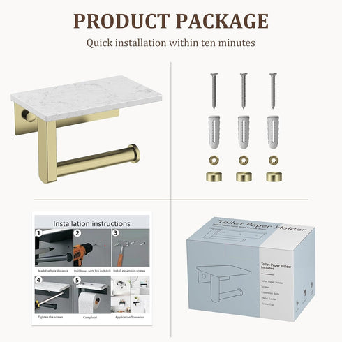 304 BWE Brushed Gold Toilet Paper Holder with Marble Shelf, Toilet Paper Roll Holder Wall Mounted, Toilet Paper Roll